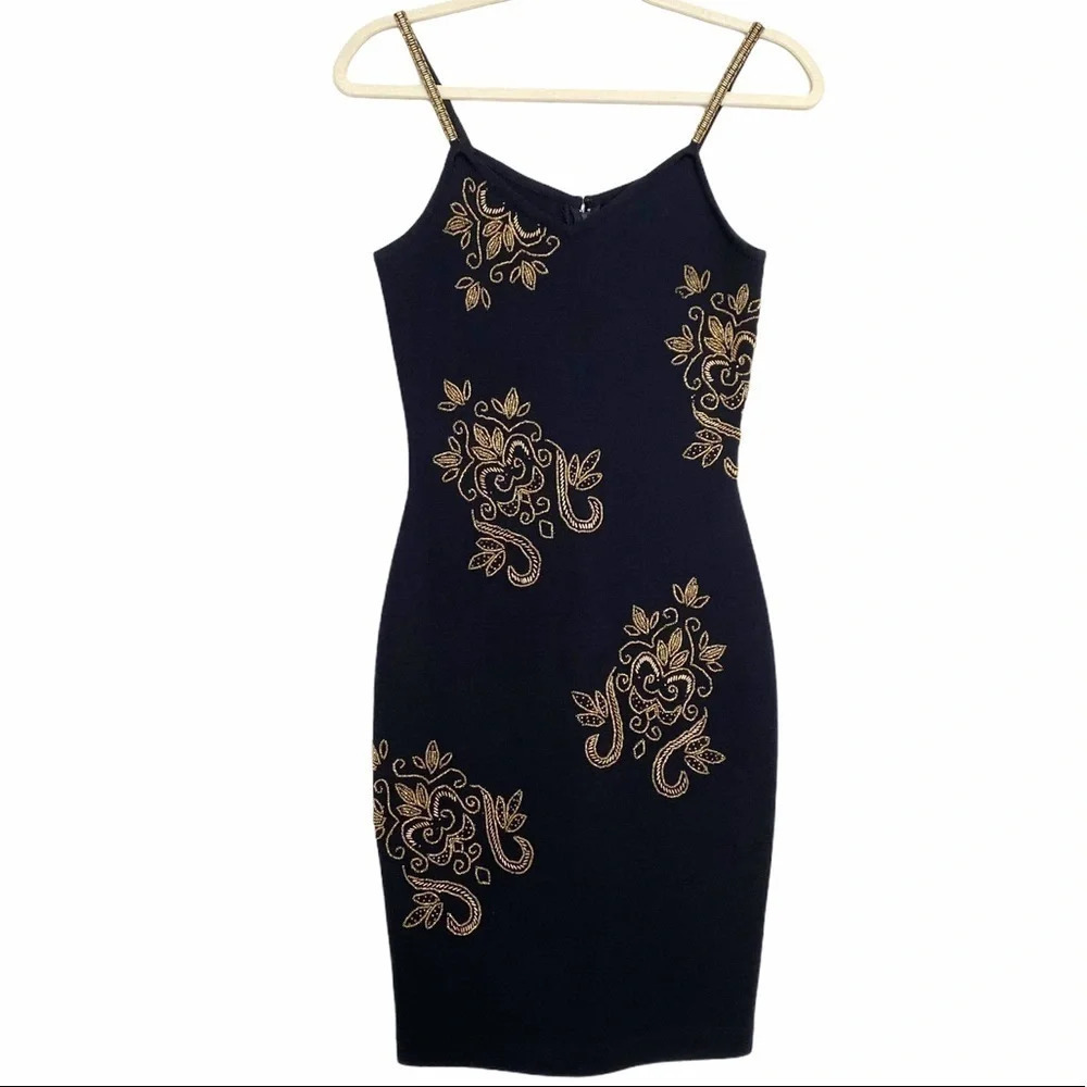 Spaghetti Strap Gold Beaded Mini Cocktail Dress XS
